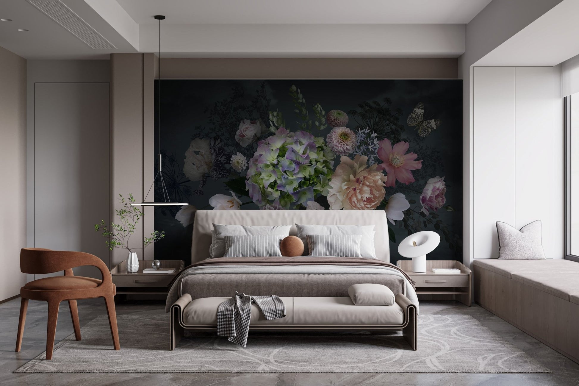 Sophisticated peony garden mural at dusk for bedroom interiors.
