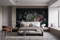 Sophisticated peony garden mural at dusk for bedroom interiors.
