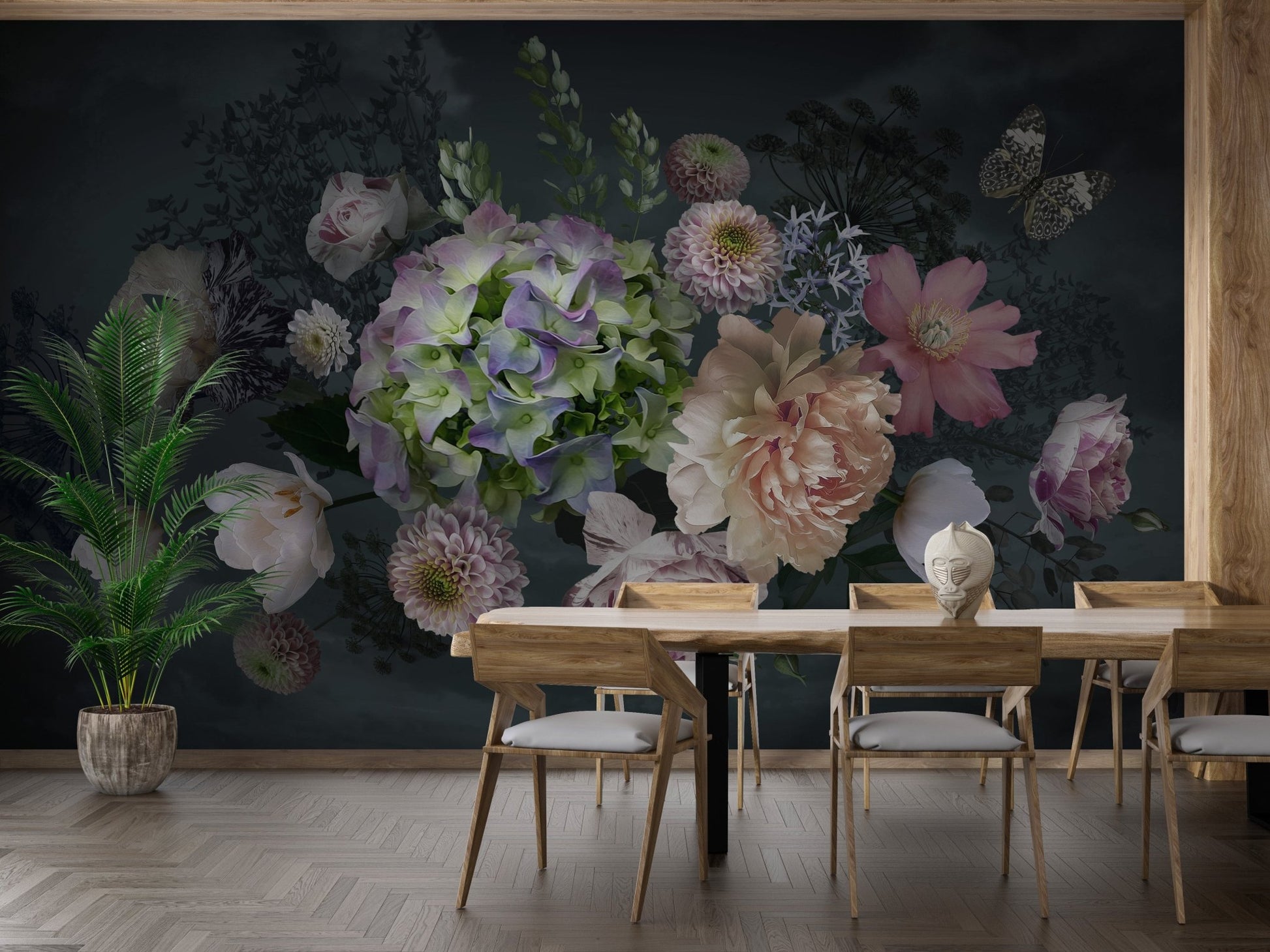 Tranquil peony garden at dusk mural in a dining room with a light wood table.
