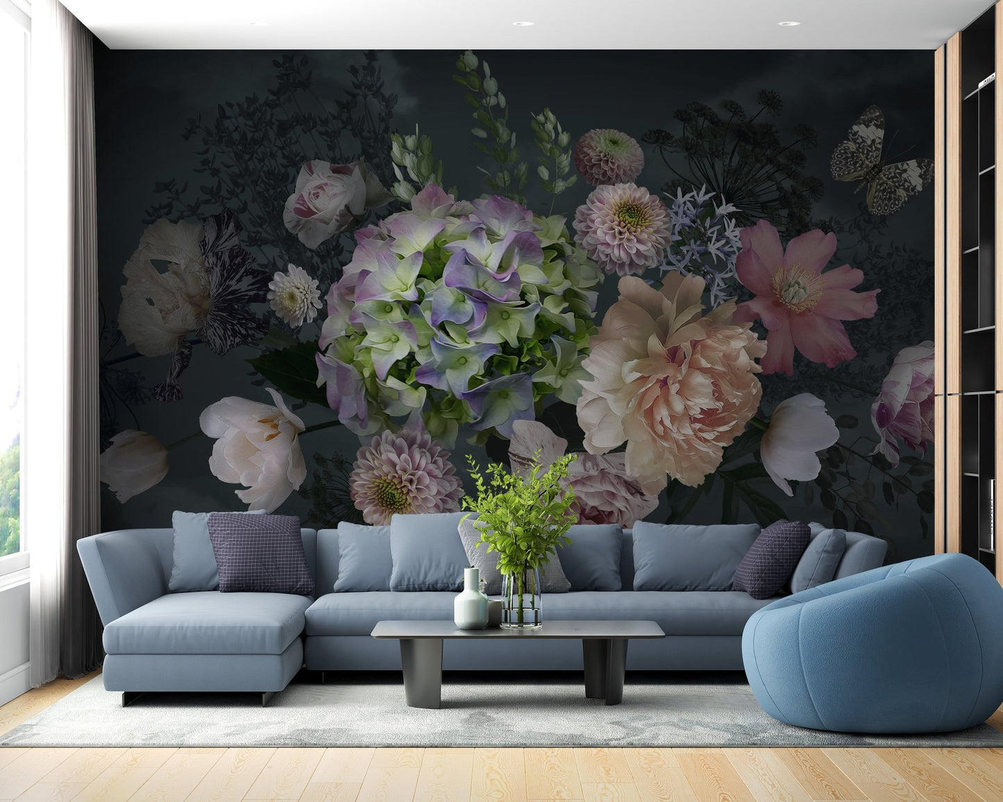 Floral mural featuring a peony garden at dusk for living area walls.
