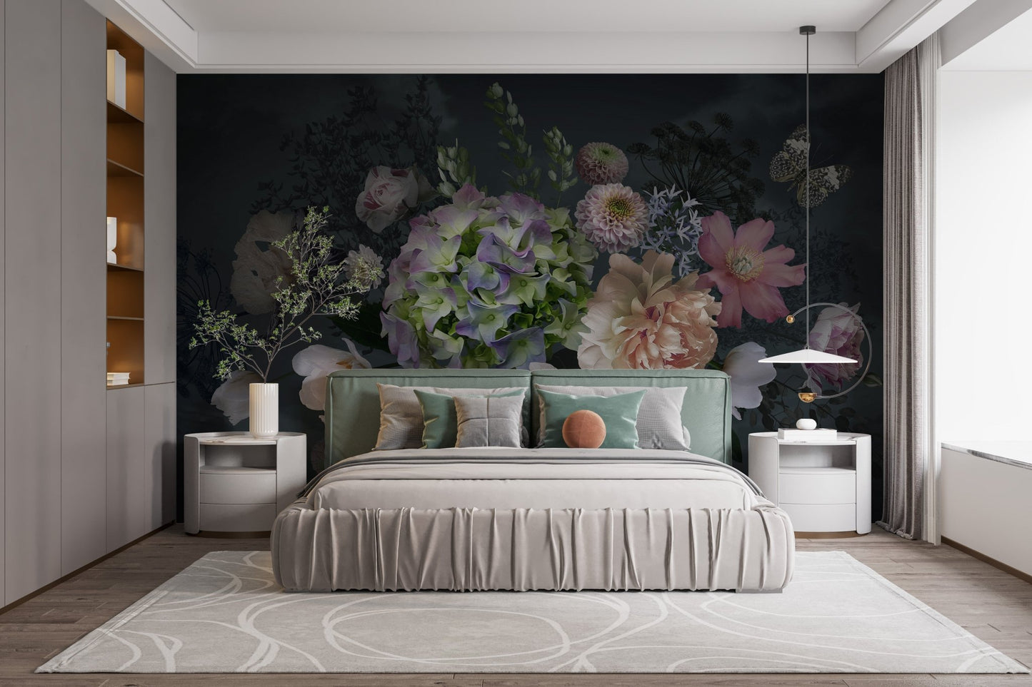 Dusk peony garden mural for graceful bedroom ambiance.
