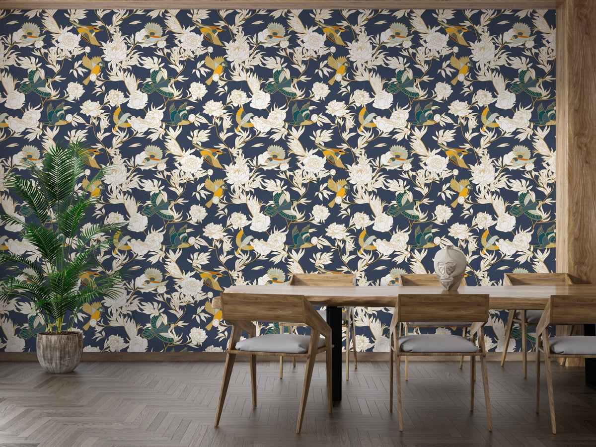 Floral paradise wallpaper in a modern dining room with wooden furniture.