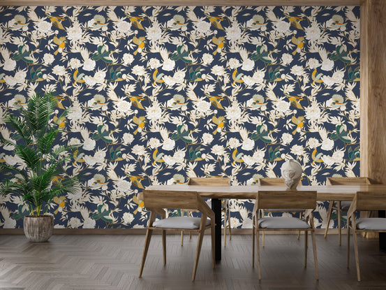 Floral paradise wallpaper in a modern dining room with wooden furniture.