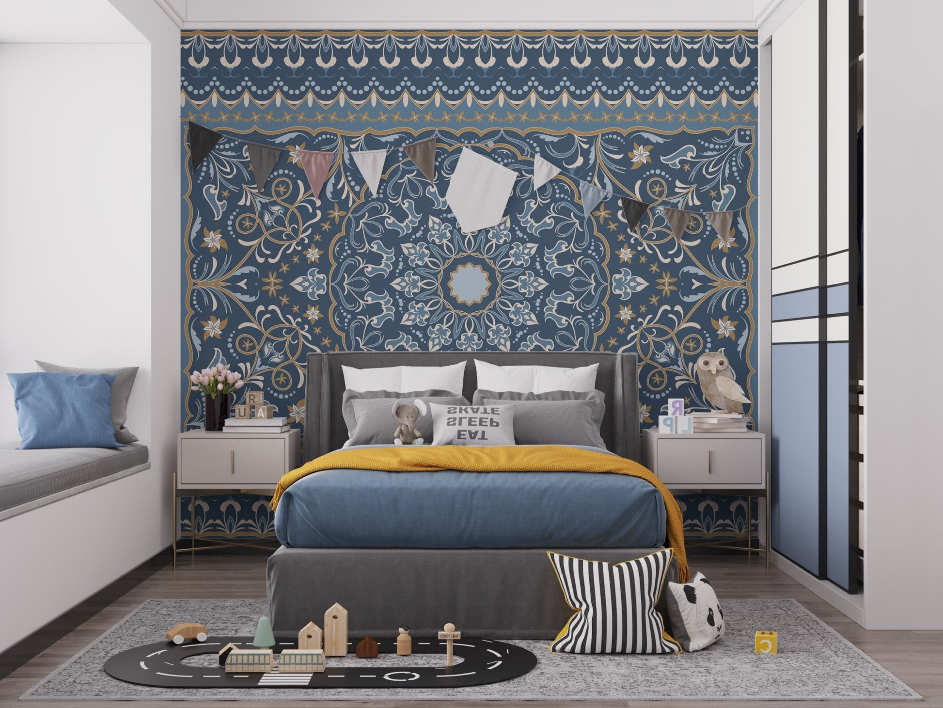 Kids bedroom with a grey bed and a blue carpet wall mural background