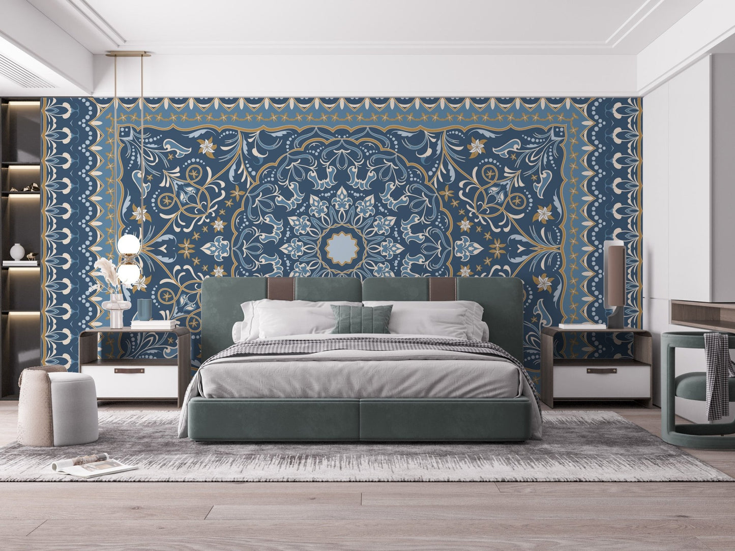 Primary bedroom featuring a headboard and a Persian Carpet Wall Mural