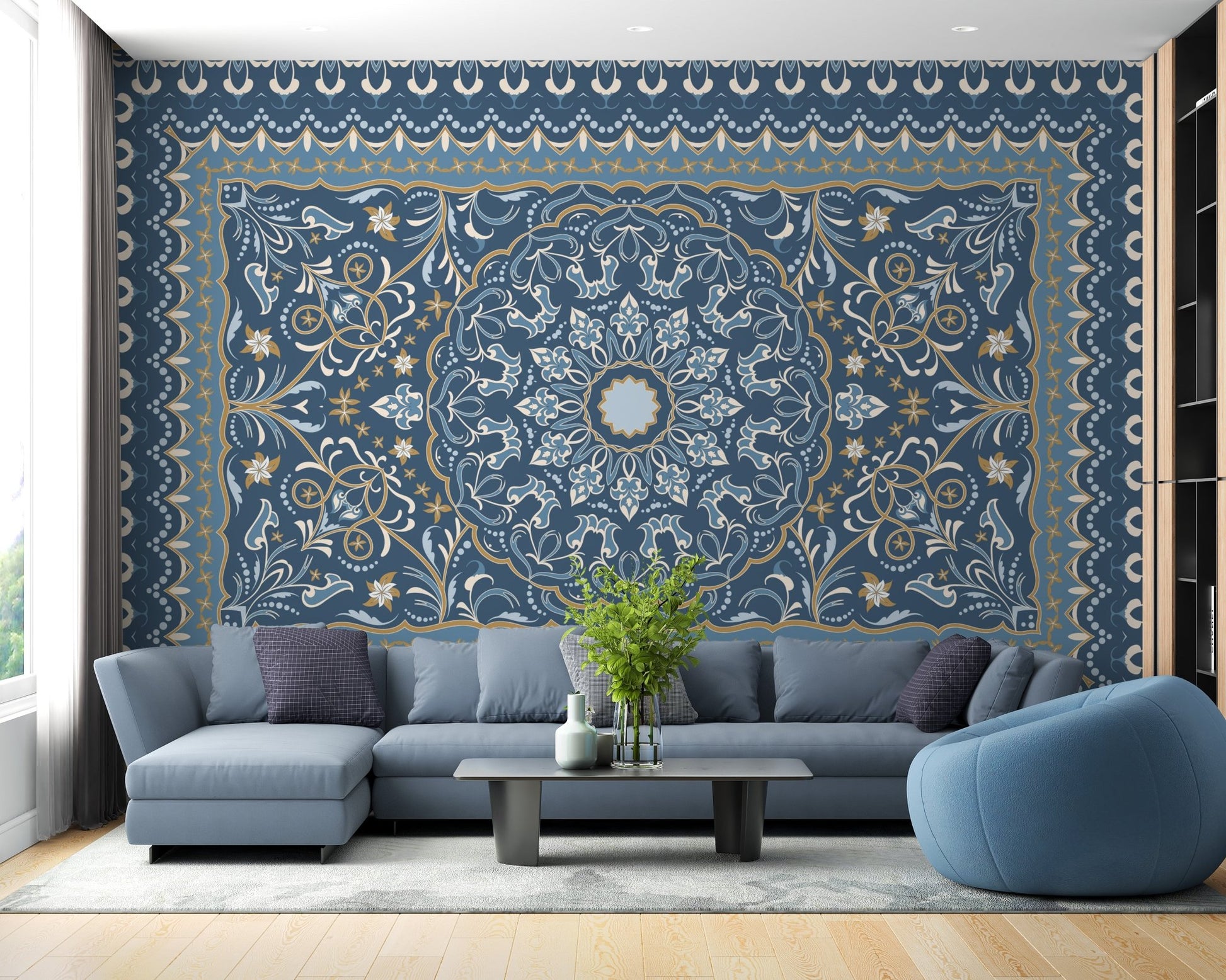 Living room featuring a grey sectional sofa and blue carpet wall mural.