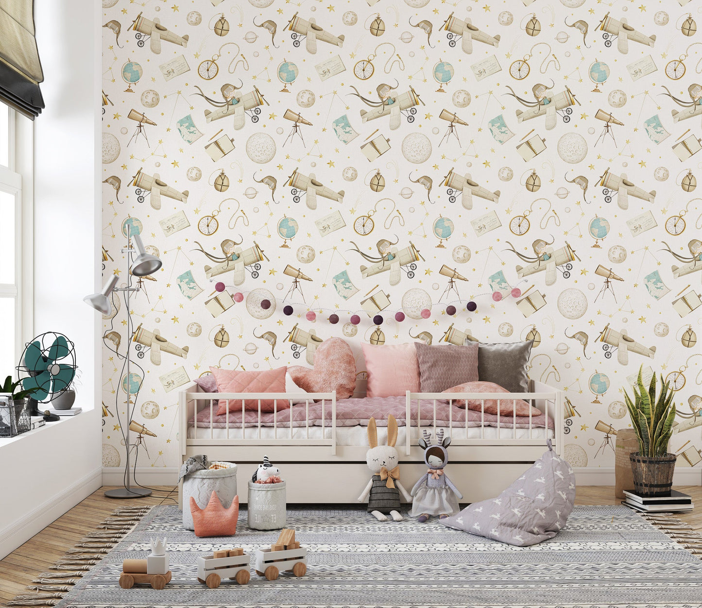 Seamless airplane and globe pattern wallpaper classic wall mural.