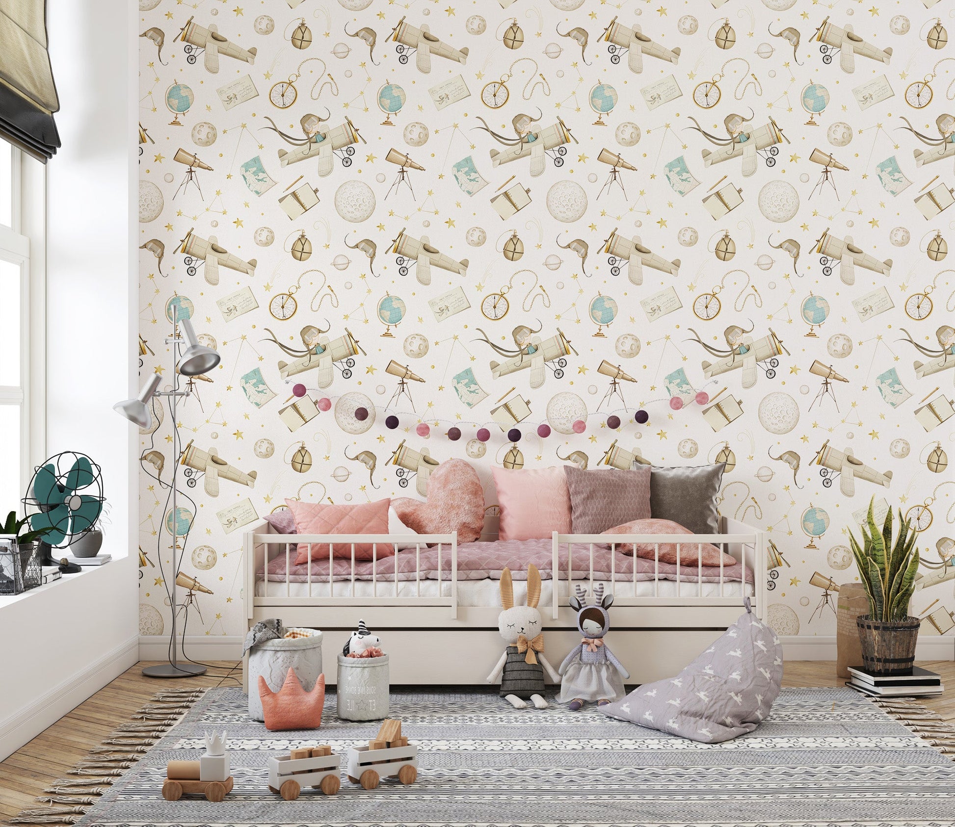 Seamless airplane and globe pattern wallpaper classic wall mural.