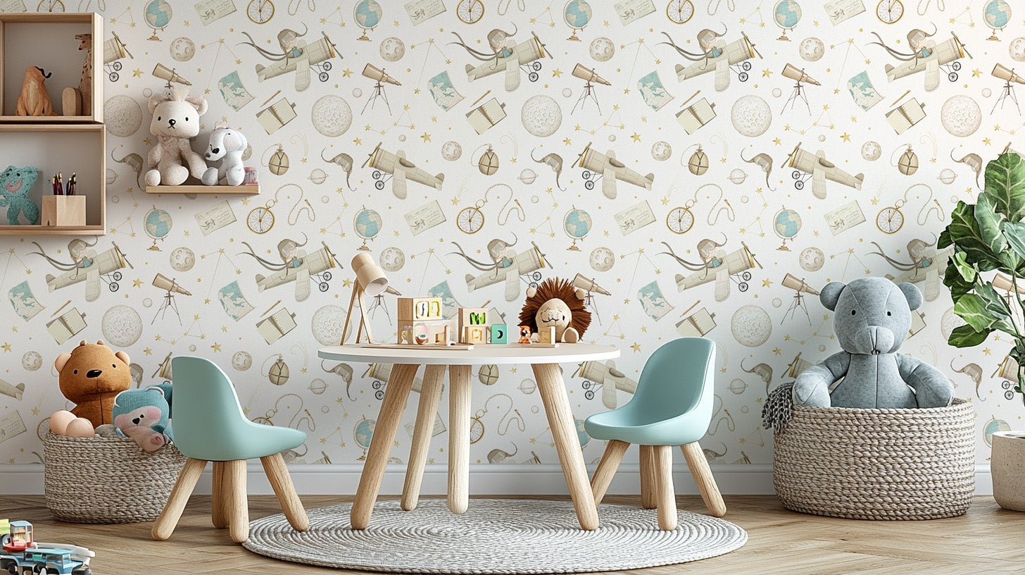 Airplane and globe print wallpaper dreamy wall mural style.