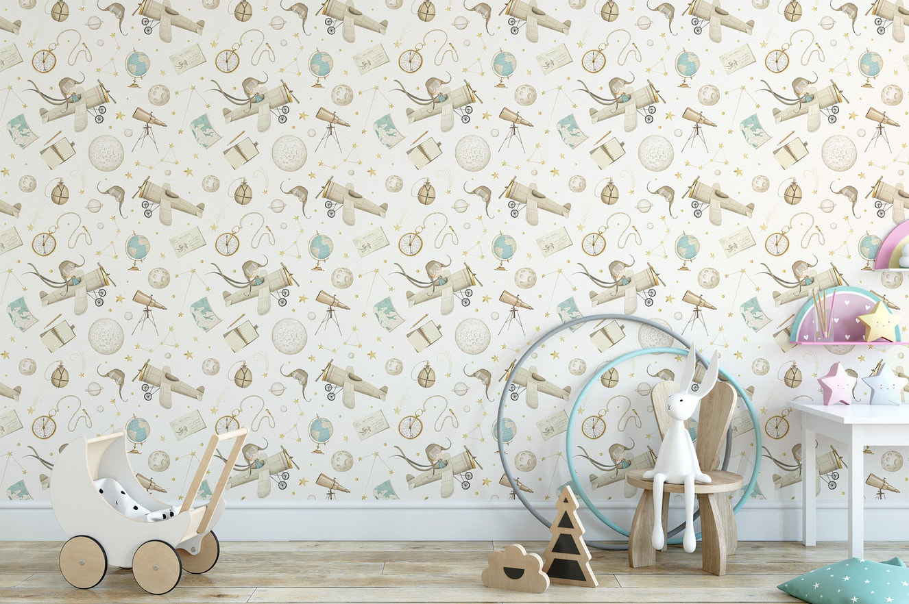 Soft beige airplane sketch wallpaper repeating wall mural pattern.