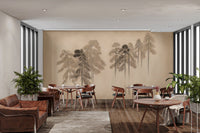 Rustic pine forest wall mural with faded vintage style artwork for dining area.