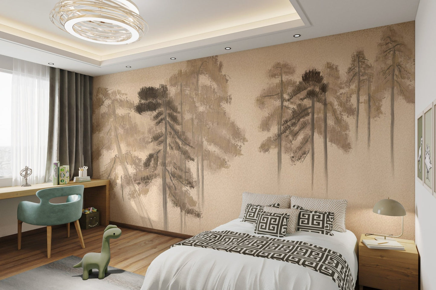 Textured mural showcasing a moody pine forest scene.