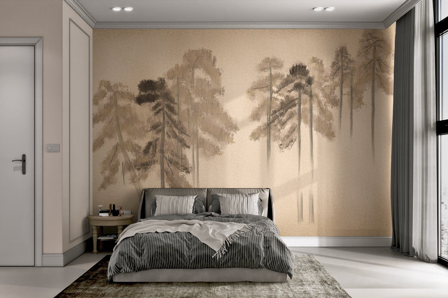 Pine forest grunge wall mural in beige and brown forest design for bedroom.