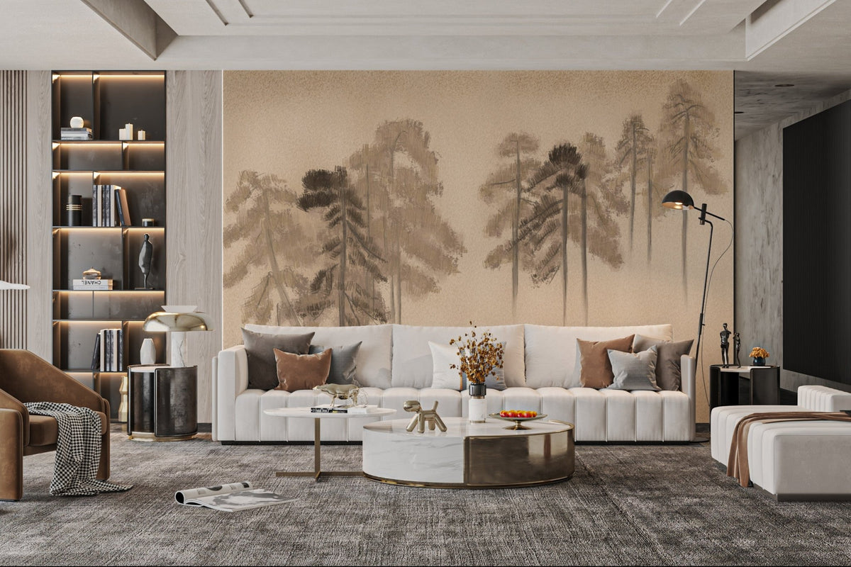 Grunge pine tree wall mural in soft sepia tones for living room interior.