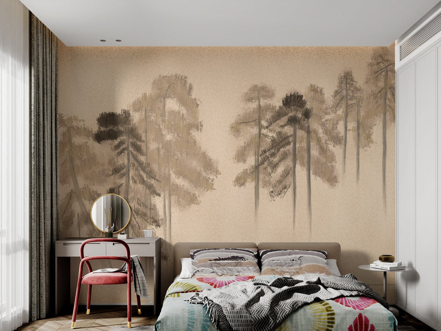 Minimalist pine silhouette wall mural in earthy brown color palette.
