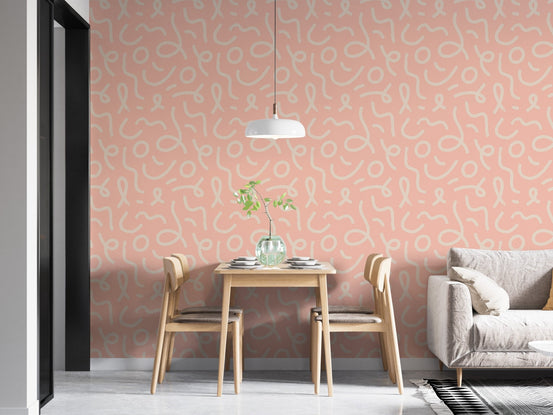 Minimalist wallpaper with white doodle lines in a sunlit dining area.
