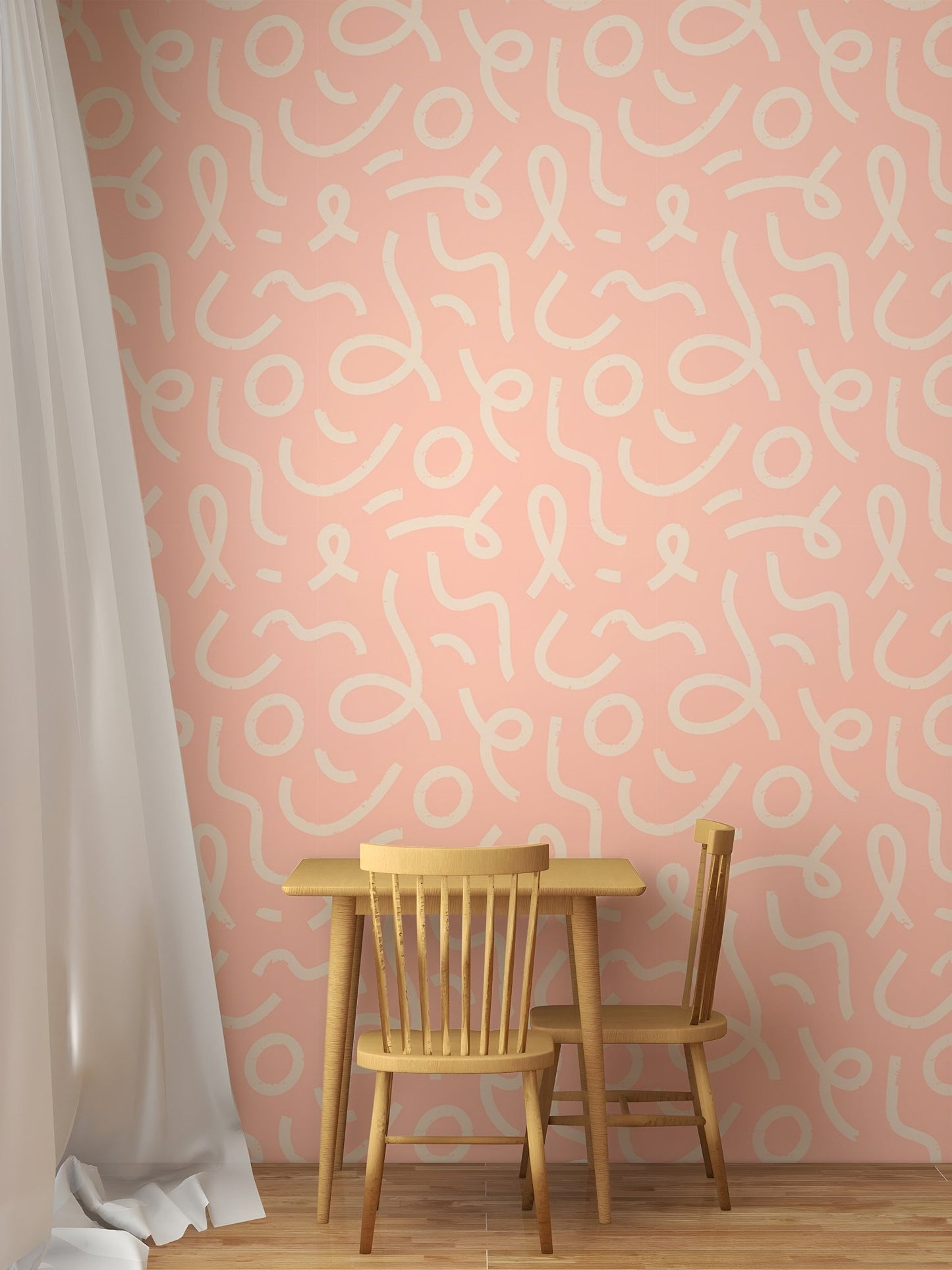 Pink abstract minimal line brush stroke wallpaper behind a small dining set.