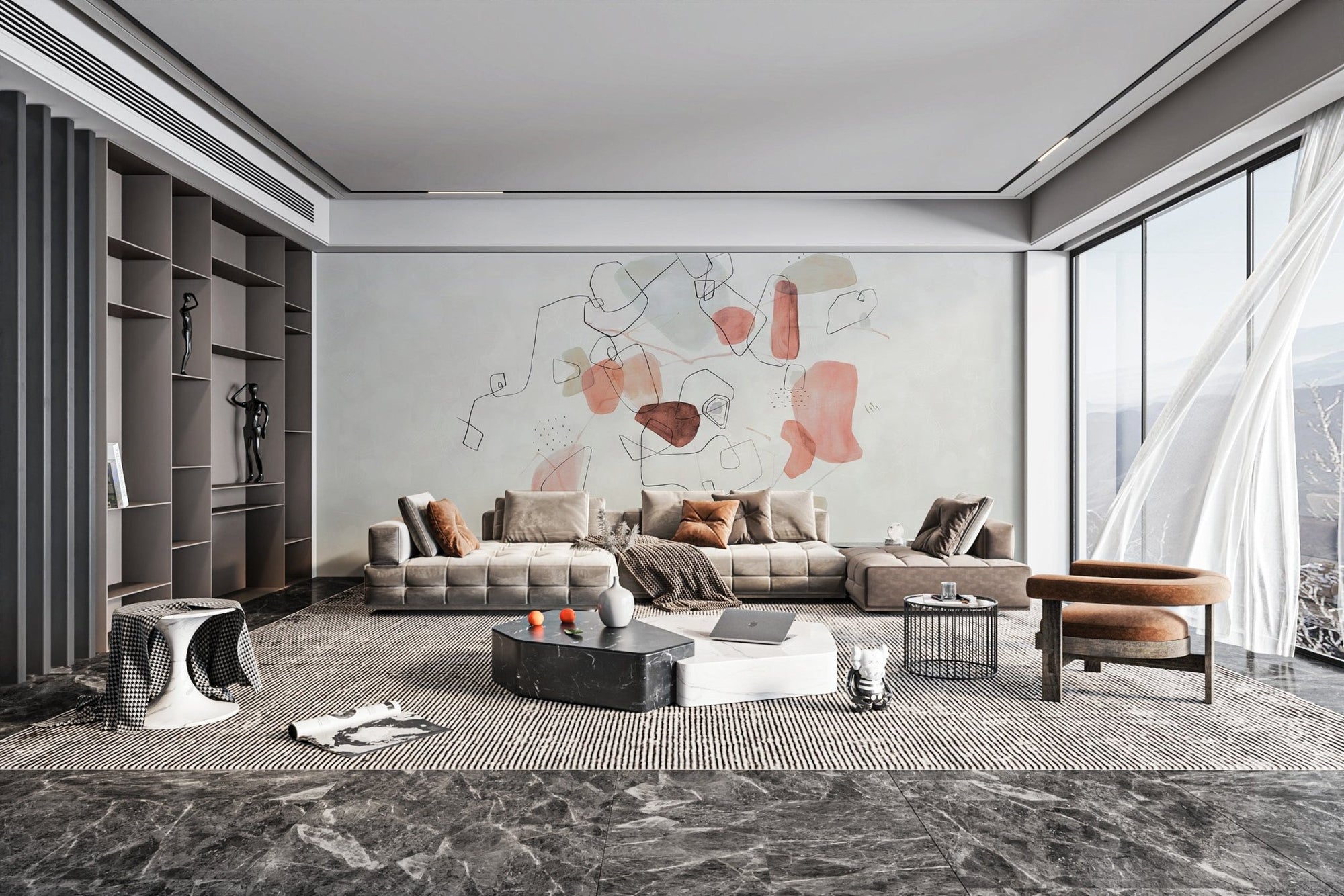 Pink abstract wallpaper mural with salmon and sand toned patches.