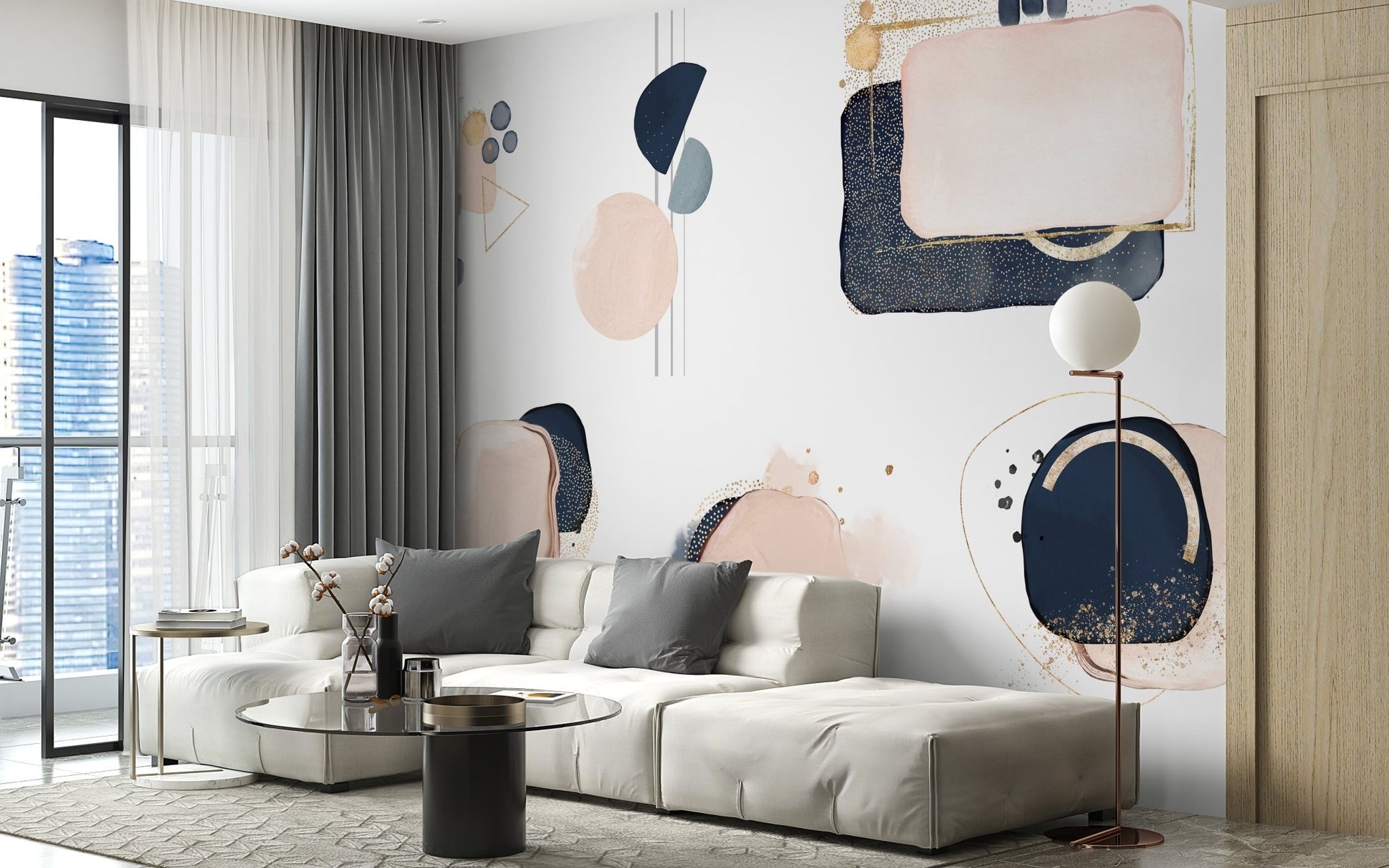Pink and blue geometric mural for contemporary and bold living room interiors.
