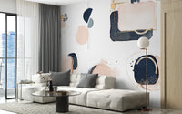 Pink and blue geometric mural for contemporary and bold living room interiors.
