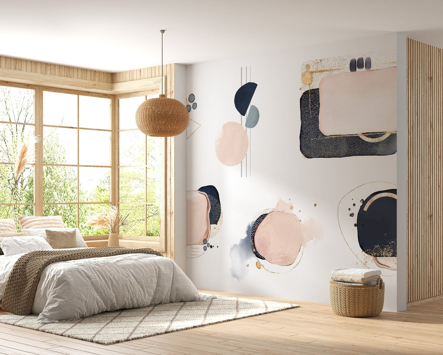Modern geometric mural with pink and blue accents for chic bedroom walls.
