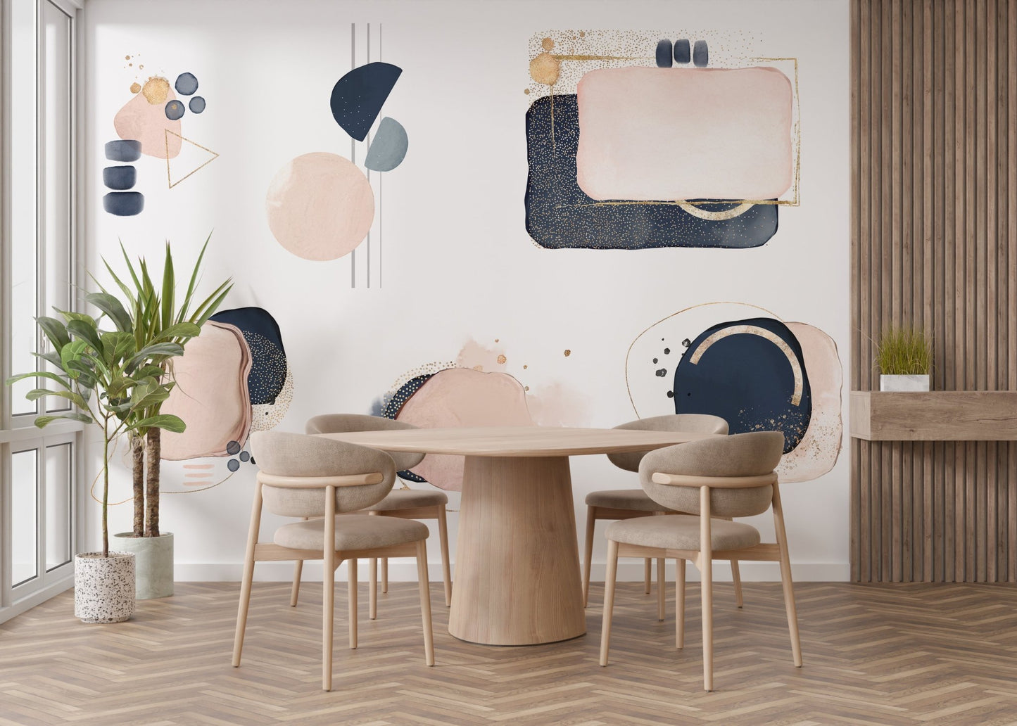 Abstract mural showcasing pink and blue geometric design elements in dining area.
