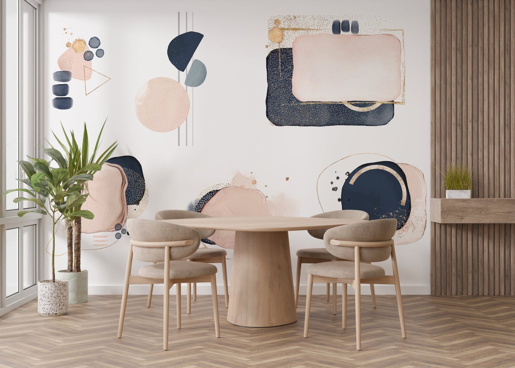 Abstract mural showcasing pink and blue geometric design elements in dining area.
