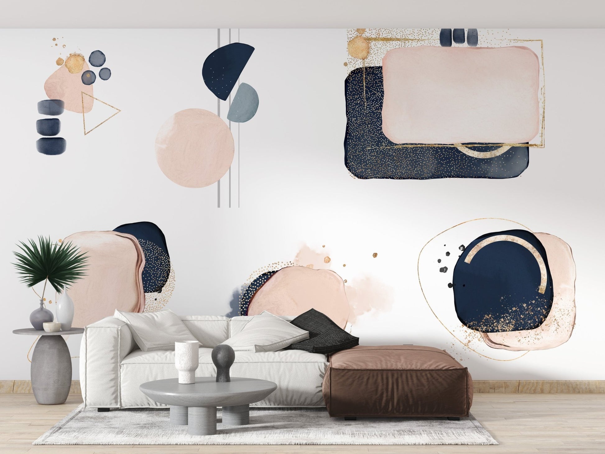 Pink and blue mural featuring artistic geometric shapes for living room decor.
