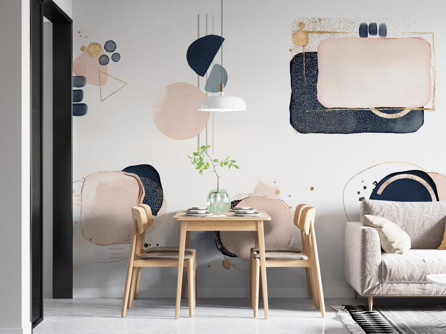Geometric shape mural with pink and blue tones for stylish dining space decor.
