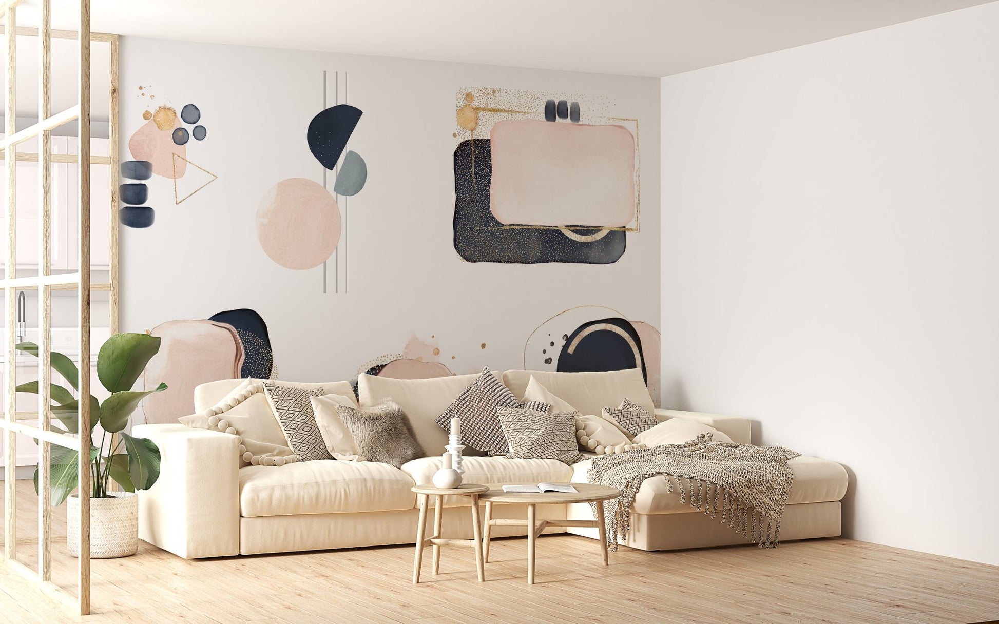 Wall mural with geometric shapes in pink and blue for vibrant sitting spaces.
