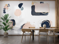 Pink and blue geometric mural with modern and abstract shapes in dining room.