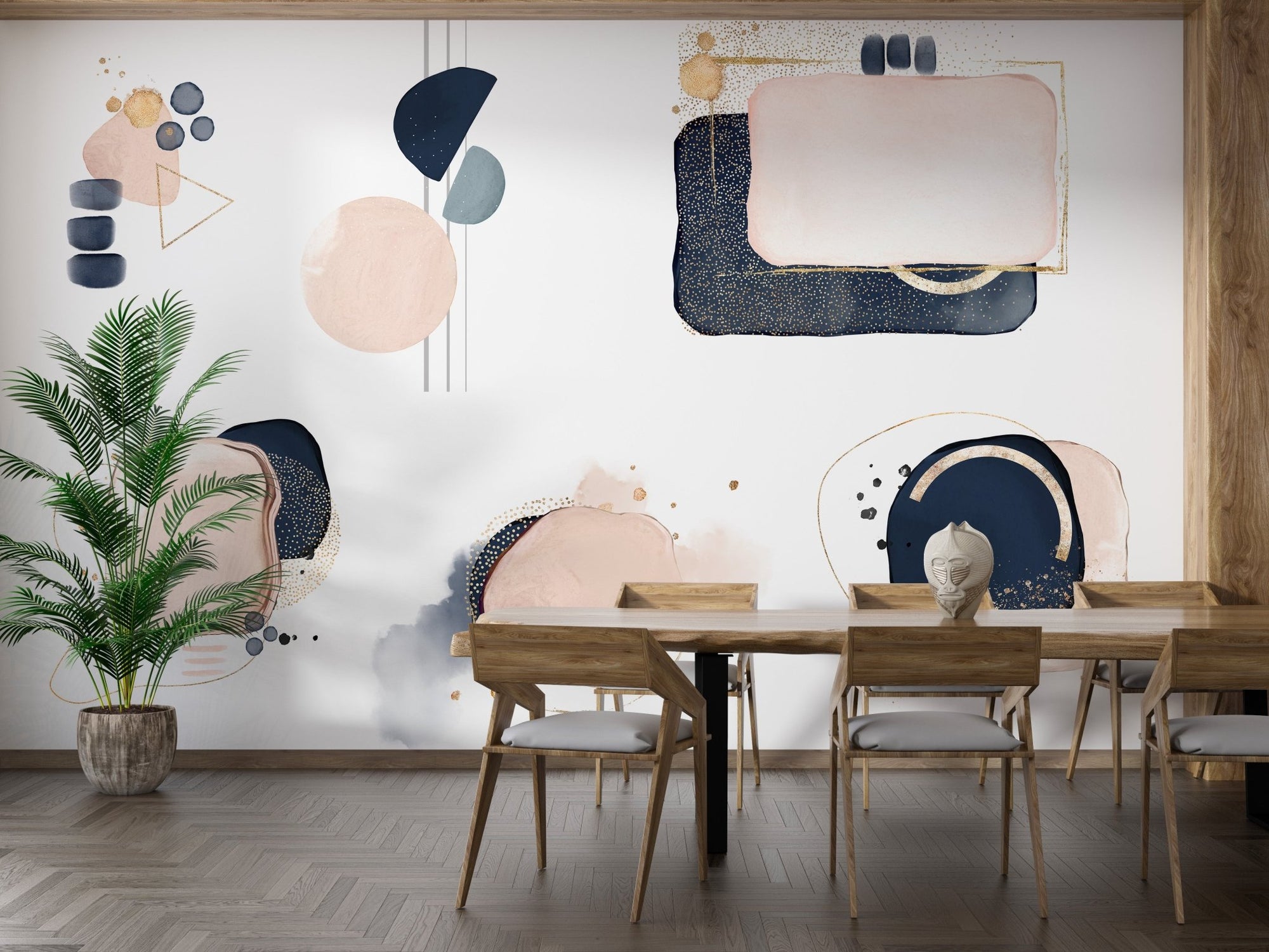 Pink and blue geometric mural with modern and abstract shapes in dining room.