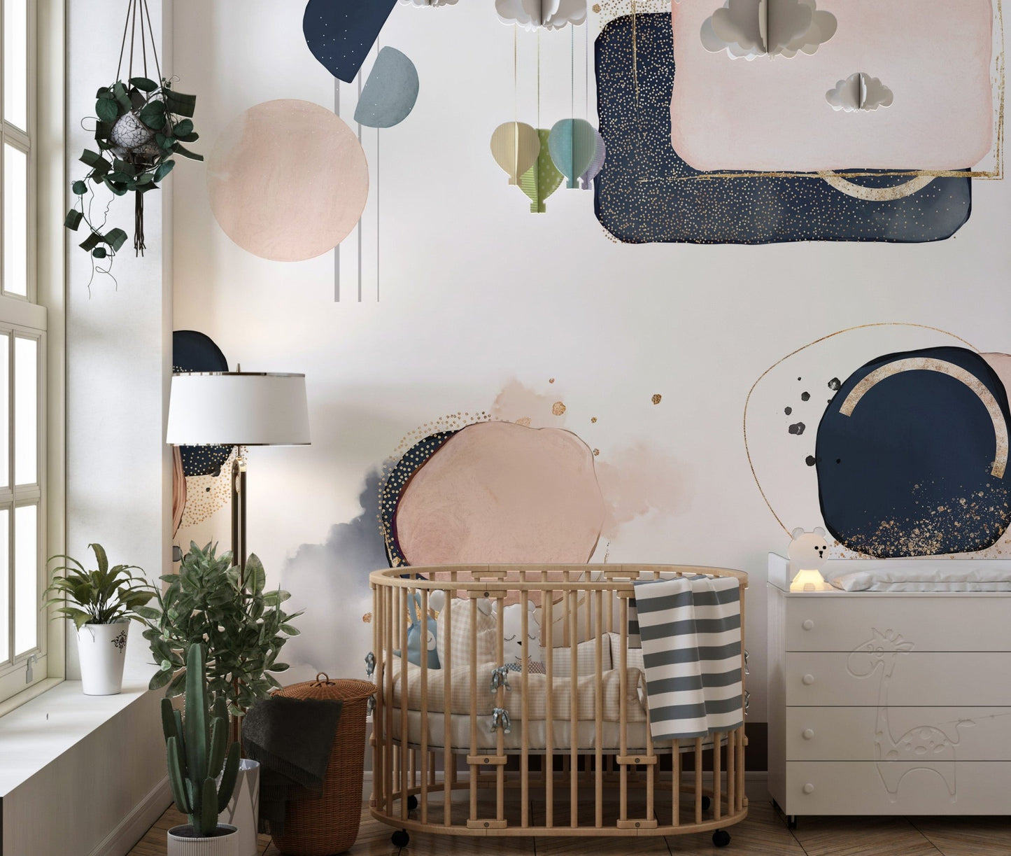 Artistic mural featuring pink and blue geometric patterns for toddler room walls.
