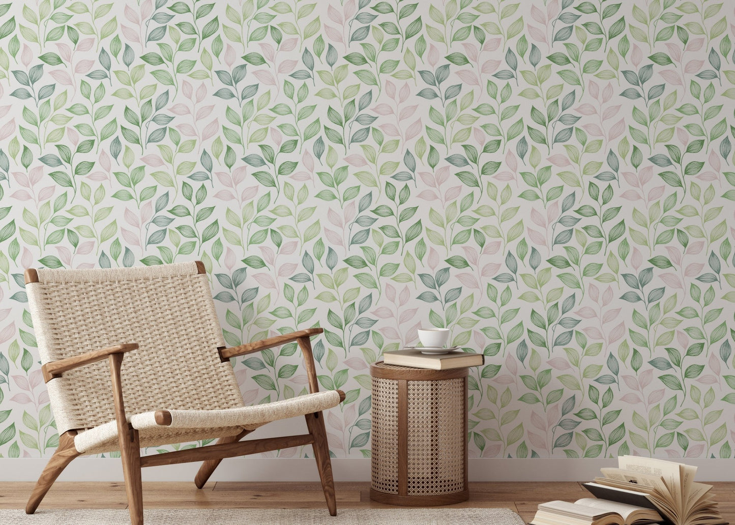 Minimalist chair next to a wallpaper featuring soft pastel leaf illustrations.
