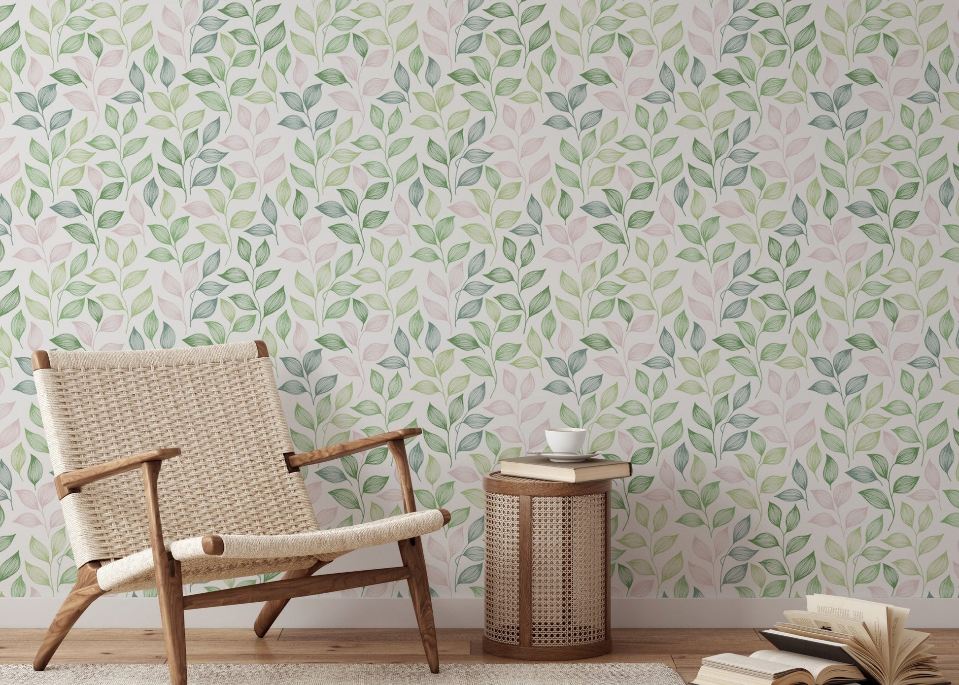 Minimalist chair next to a wallpaper featuring soft pastel leaf illustrations.