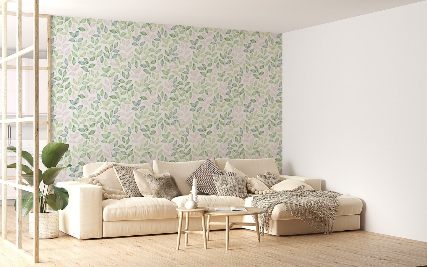 Large sofa in a bright living area with Pink and Green Color Leaves Repeat Pattern Wallpaper.