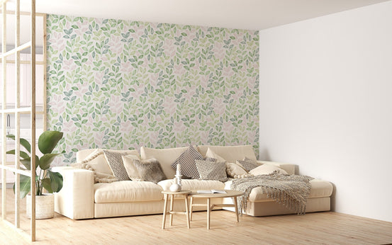 Large sofa in a bright living area with Pink and Green Color Leaves Repeat Pattern Wallpaper.