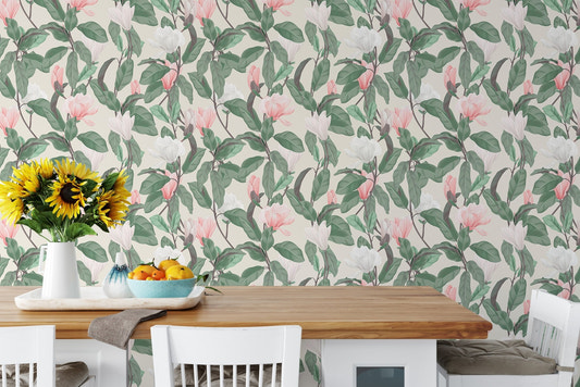 Pink and White Anise Magnolia Flowers Leaves Wallpaper behind a wooden dining table