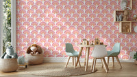 Pink rainbow wallpaper for a children's play zone with a teepee