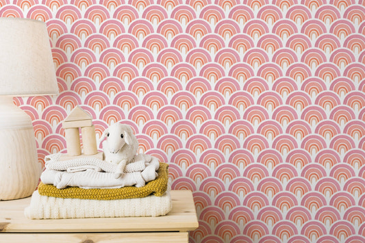 Pink arch patterns removable wallpaper in a minimalist kids room