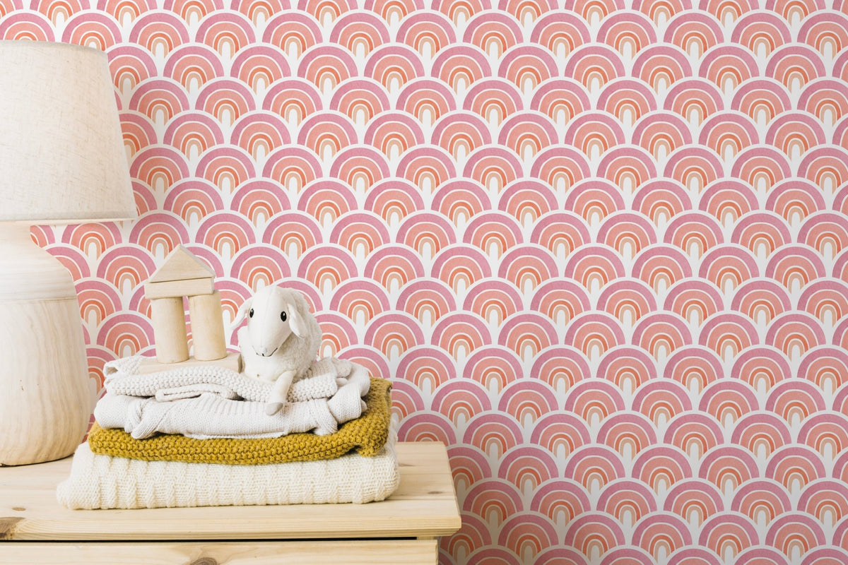Pink arch patterns removable wallpaper in a minimalist kids room