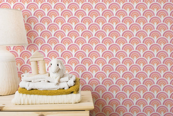 Pink arch patterns removable wallpaper in a minimalist kids room
