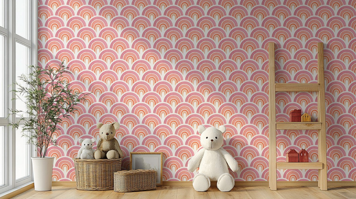 Soft pink scalloped wallpaper mural for a nursery feature wall