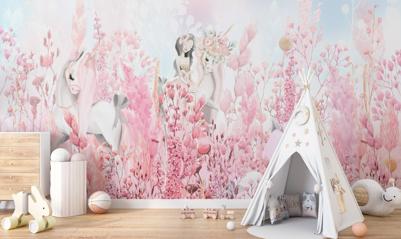 Unicorn and blossoms wallpaper wall mural with airy pastel sky background.