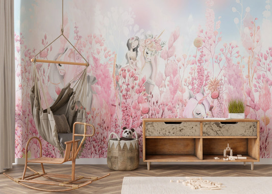 Pastel unicorns in flower meadow wallpaper wall mural in pink tones.