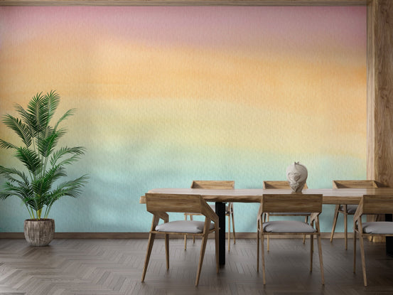 Ombre mural with horizontal watercolor strokes in a modern dining room.