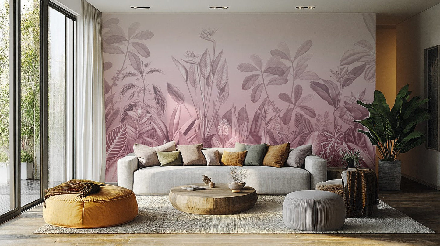 Minimal botanical leaf wall mural in soft pink tones.