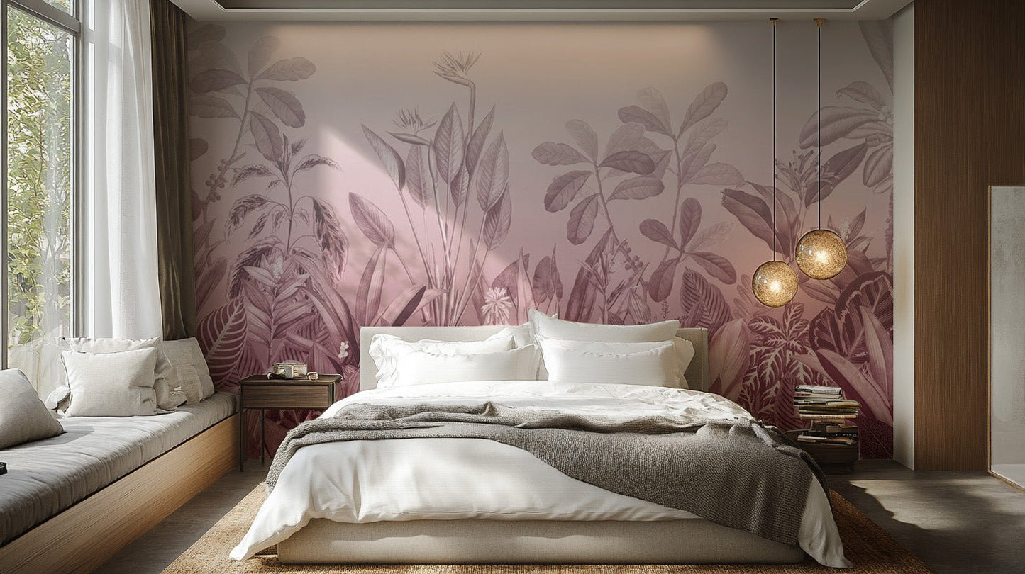 Floral foliage wallpaper with elegant pink gradient background.