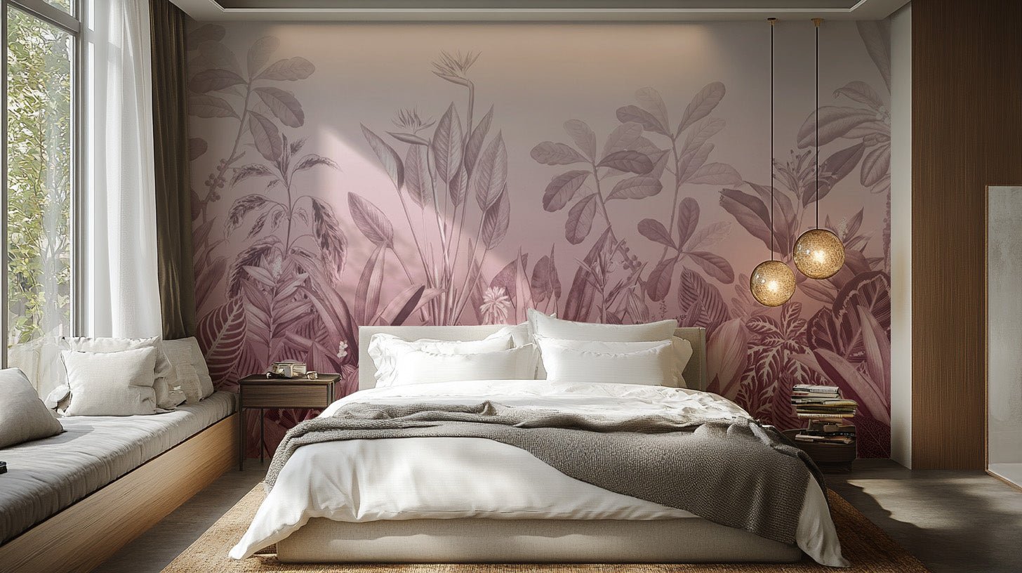Floral foliage wallpaper with elegant pink gradient background.