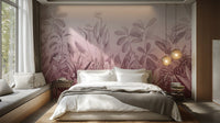Floral foliage wallpaper with elegant pink gradient background.